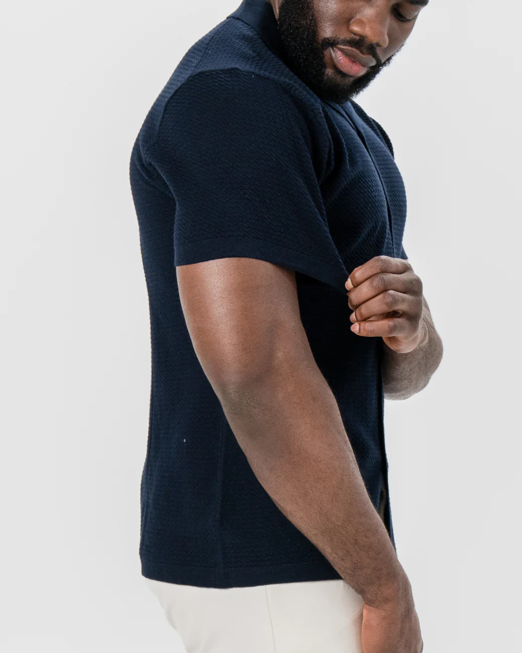 Textured Knit Short Sleeve Button Down - Navy - Image 2
