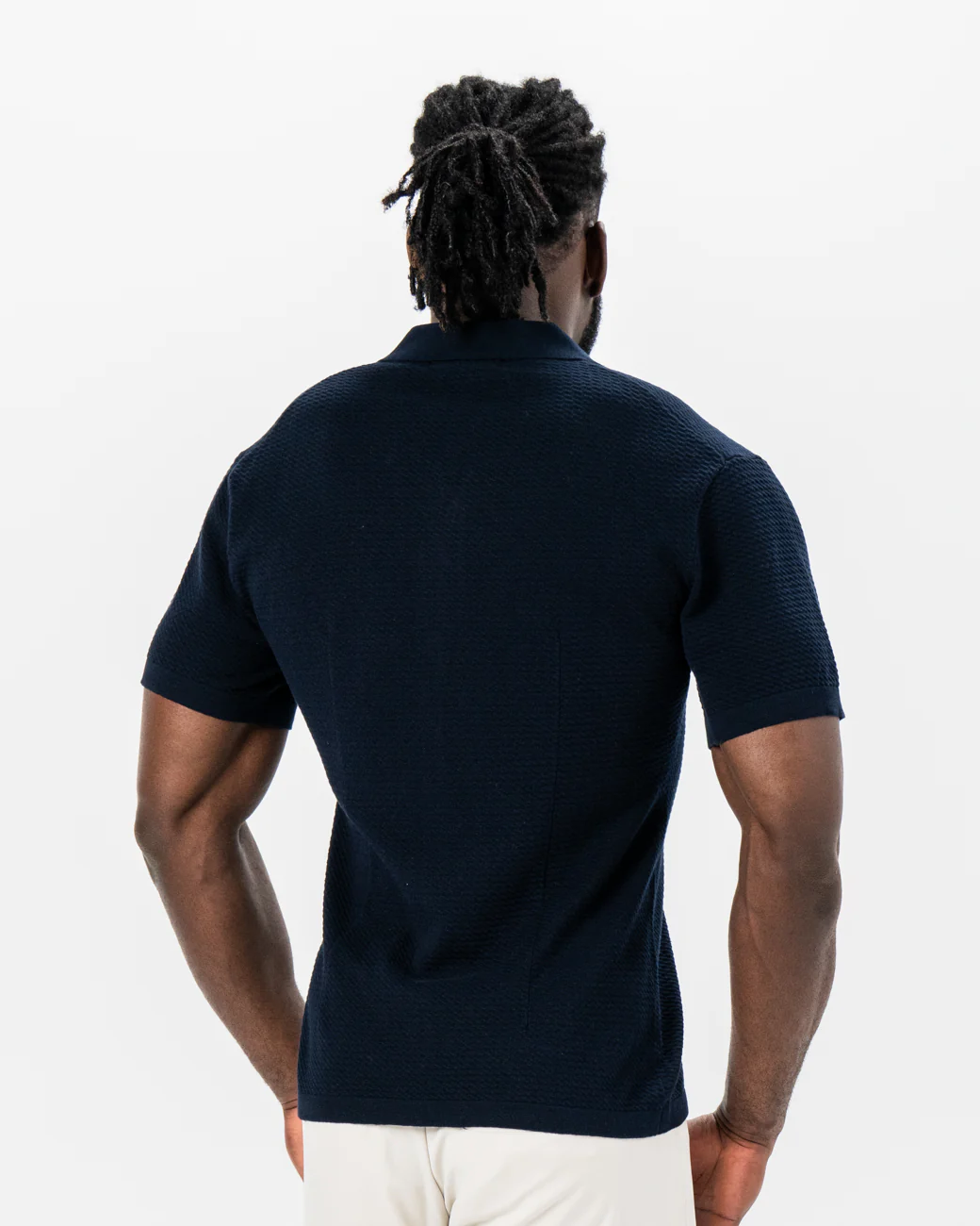 Textured Knit Short Sleeve Button Down - Navy - Image 3