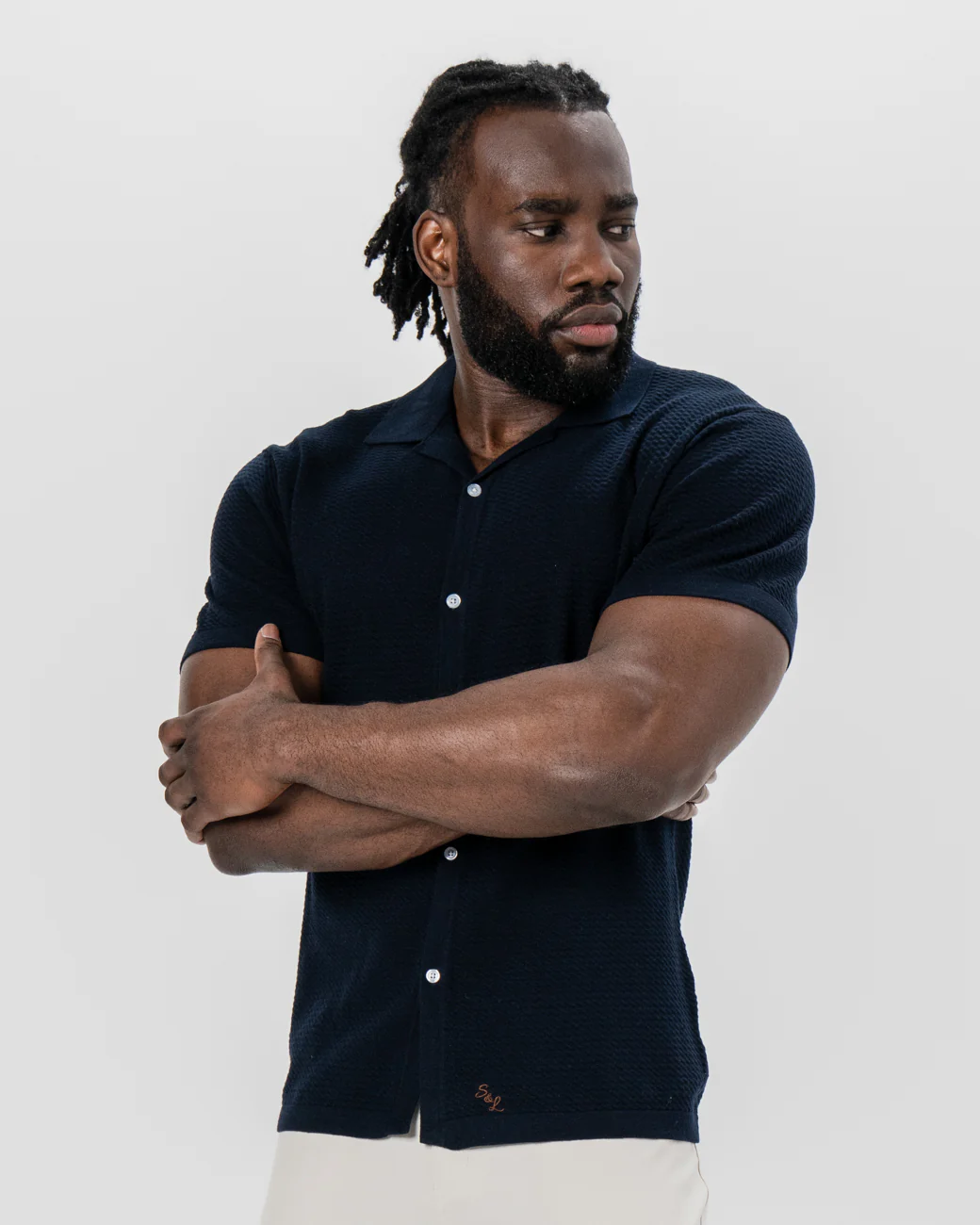 Textured Knit Short Sleeve Button Down - Navy - Image 4