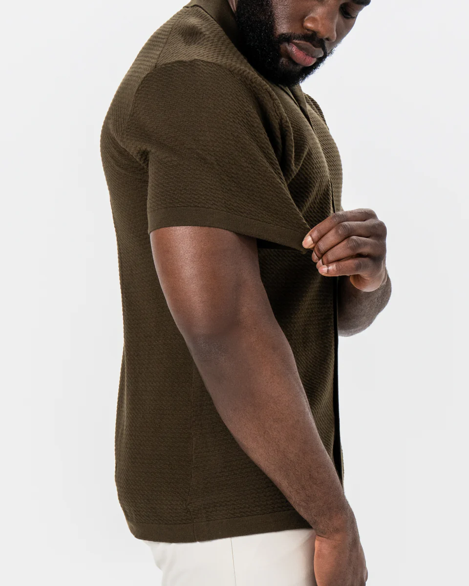 Textured Knit Short Sleeve Button Down - Olive - Image 2