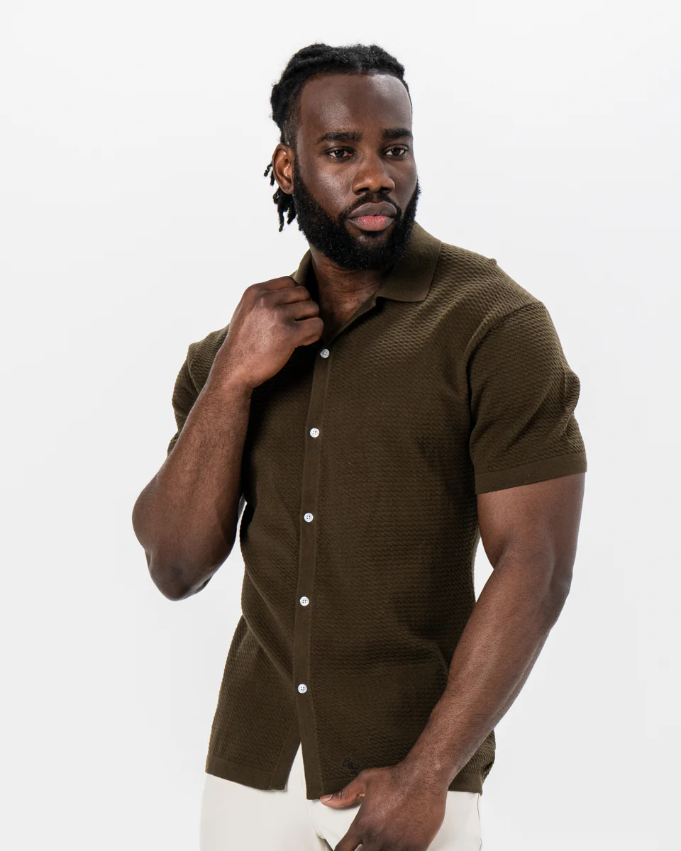Textured Knit Short Sleeve Button Down - Olive - Image 4