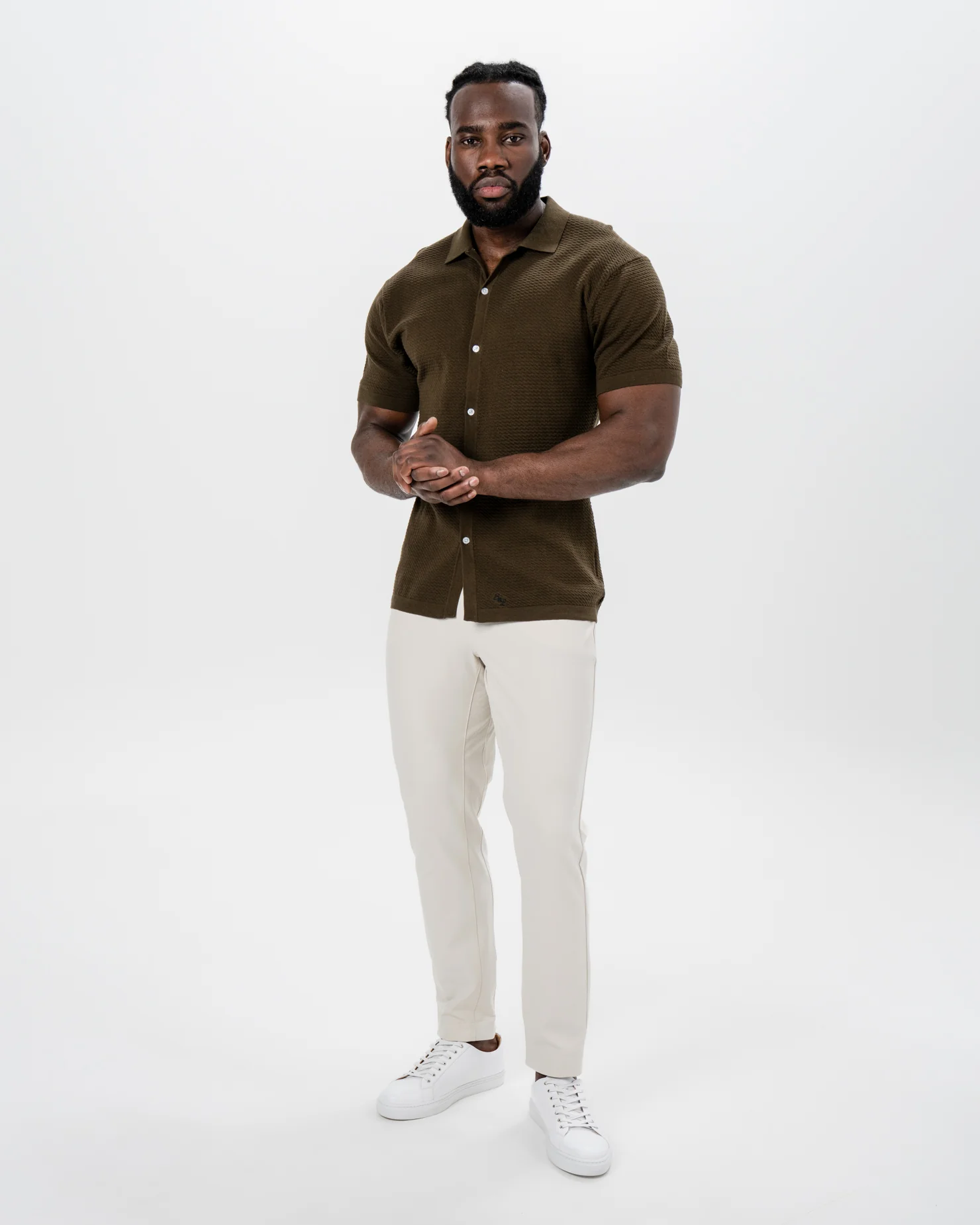 Textured Knit Short Sleeve Button Down - Olive - Image 5