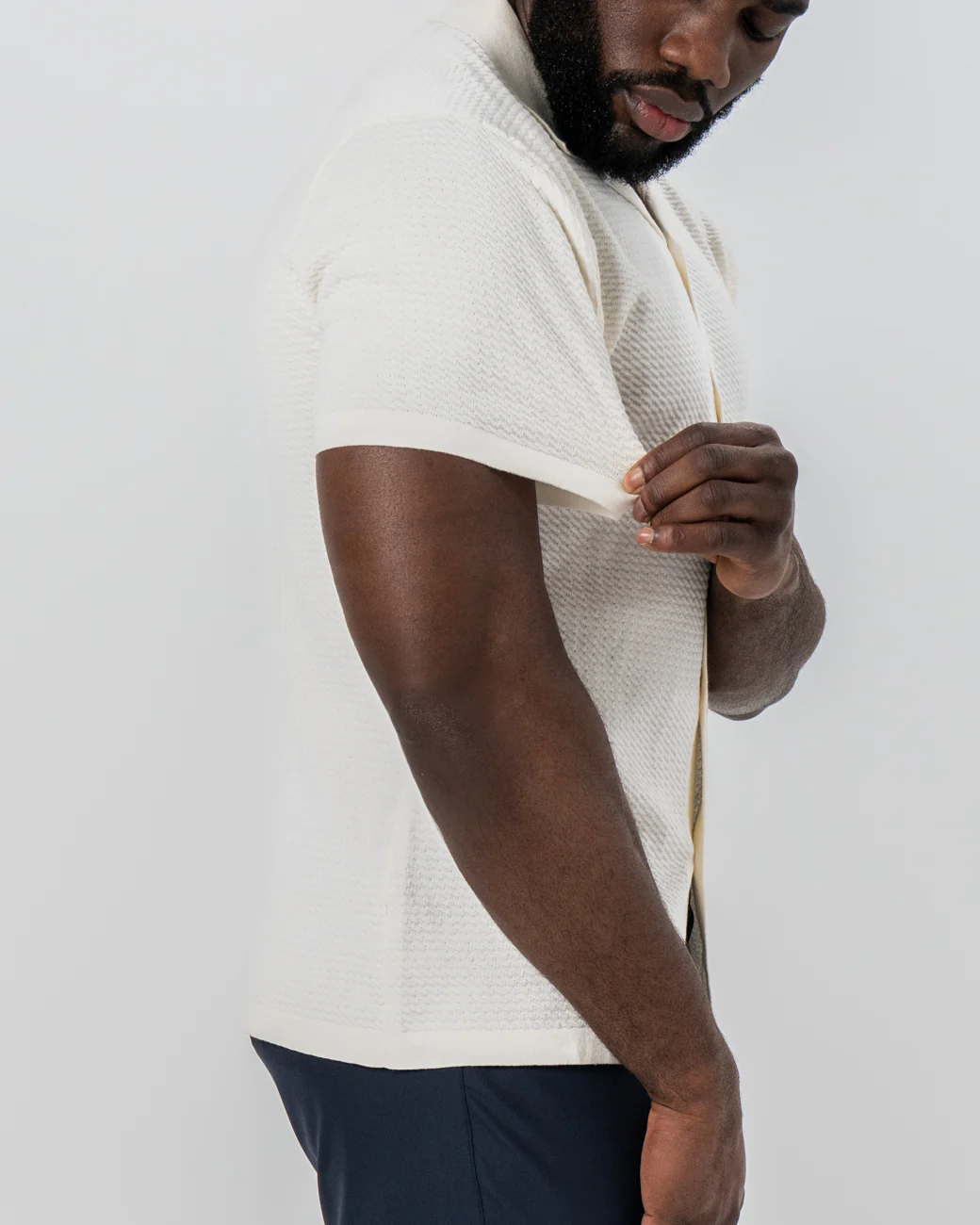 Textured Knit Short Sleeve Button Down - Tan - Image 2