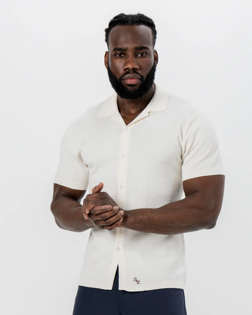 Textured Knit Short Sleeve Button Down - Tan - Image 4