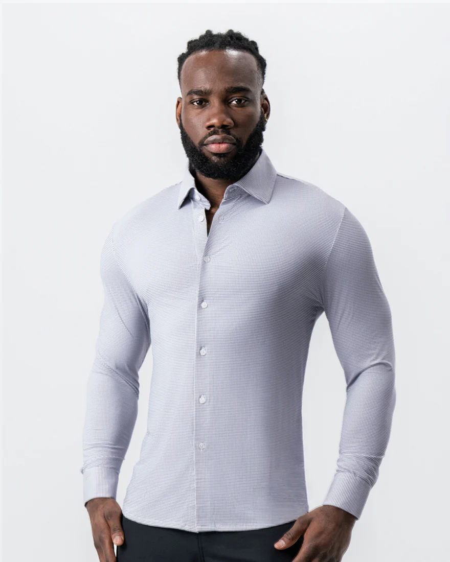 "The Andre" Sport Shirt - Grey and White Mini Double Check - Image 5
