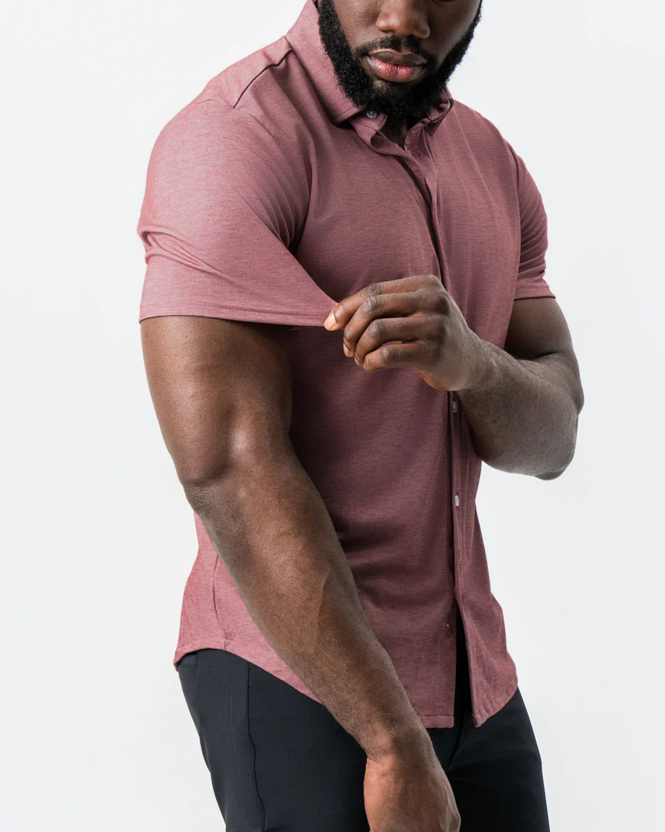 "The Booker" Maroon Pique Short Sleeve Button Down - Image 3