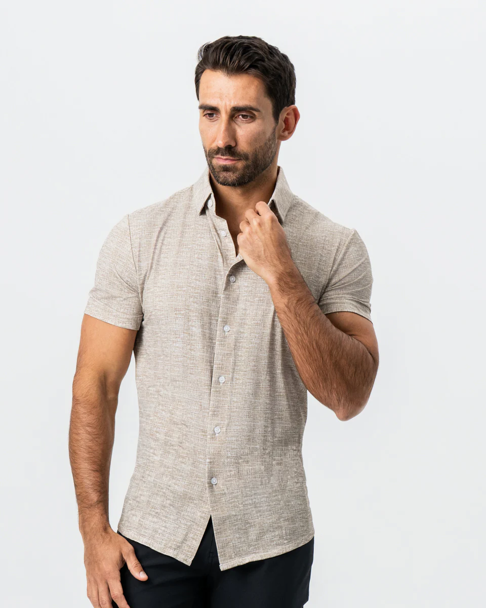 "The Giovanni" Printed Linen Olive Short Sleeve Button Down - Image 3