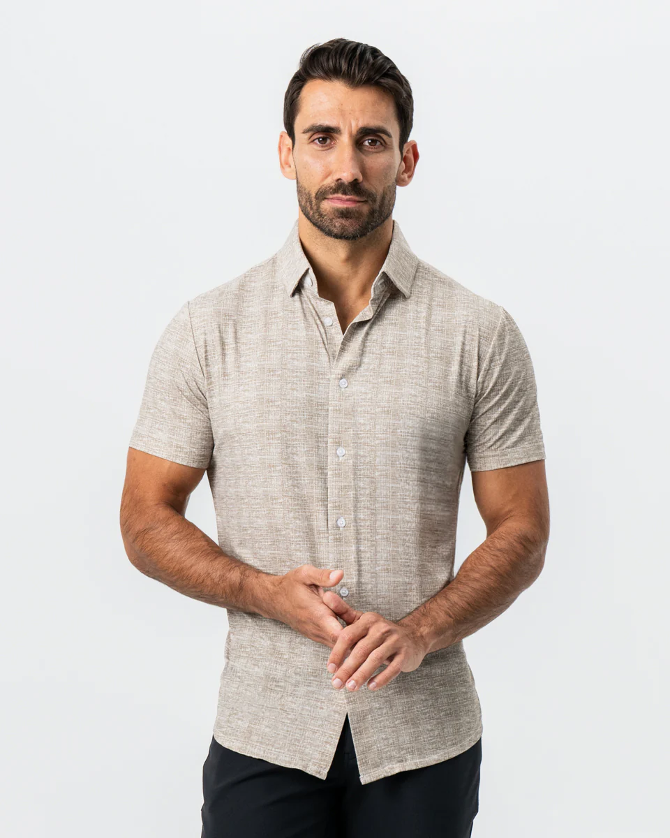 "The Giovanni" Printed Linen Olive Short Sleeve Button Down - Image 5