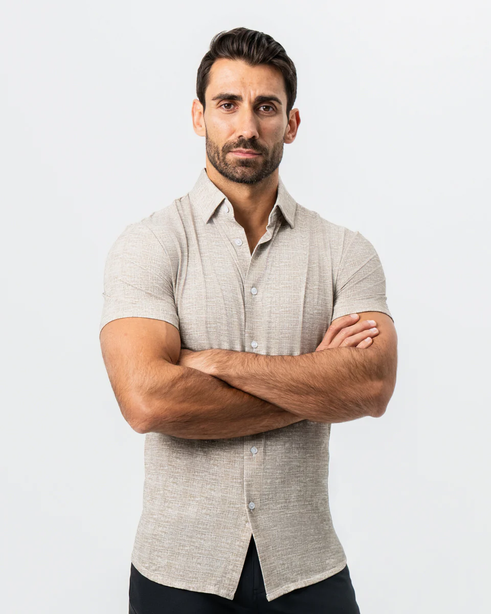 "The Giovanni" Printed Linen Olive Short Sleeve Button Down - Image 6