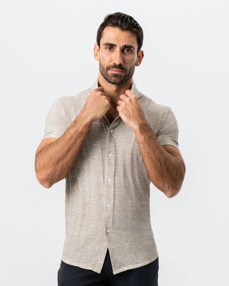 "The Giovanni" Printed Linen Olive Short Sleeve Button Down - Image 7