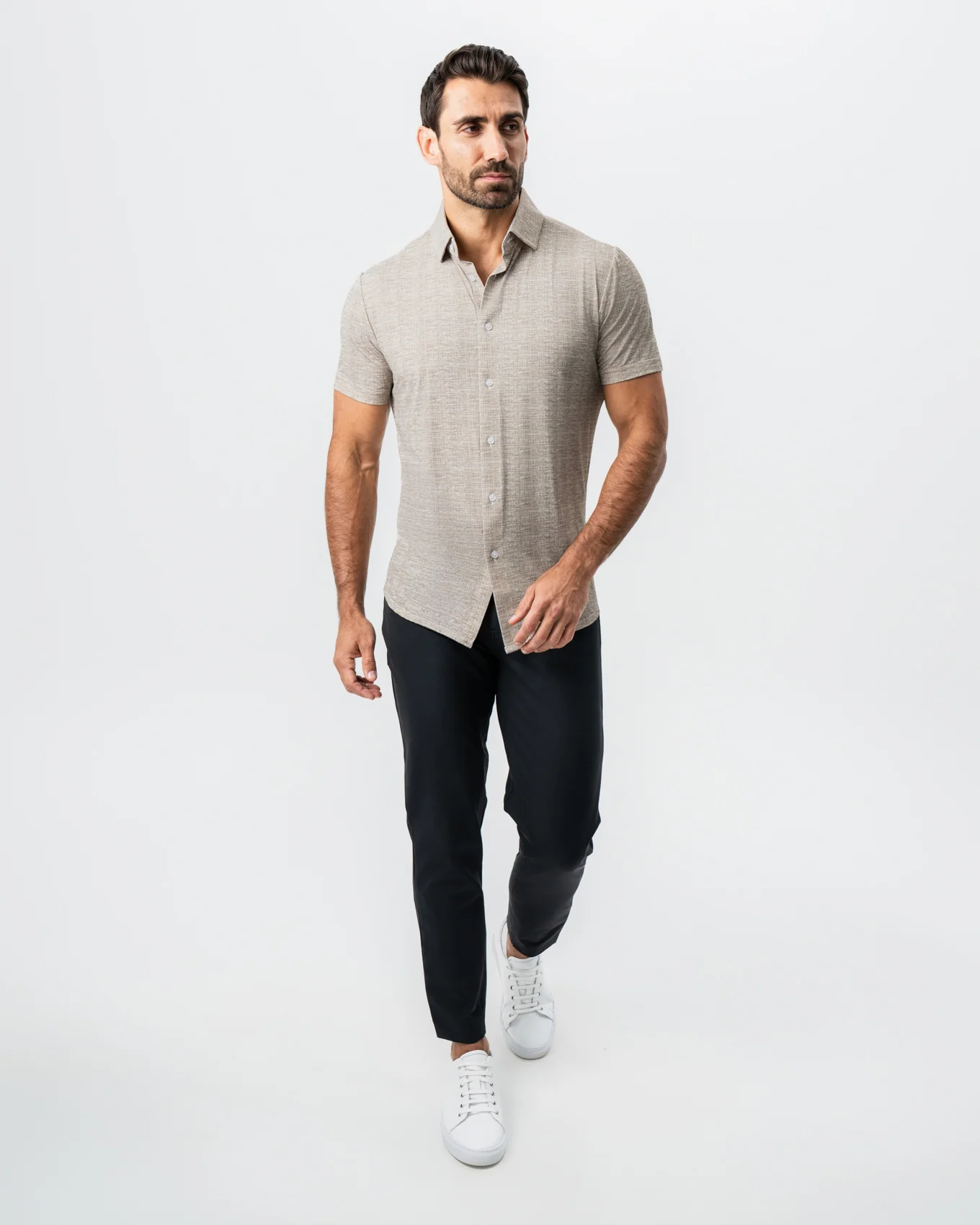 "The Giovanni" Printed Linen Olive Short Sleeve Button Down - Image 8