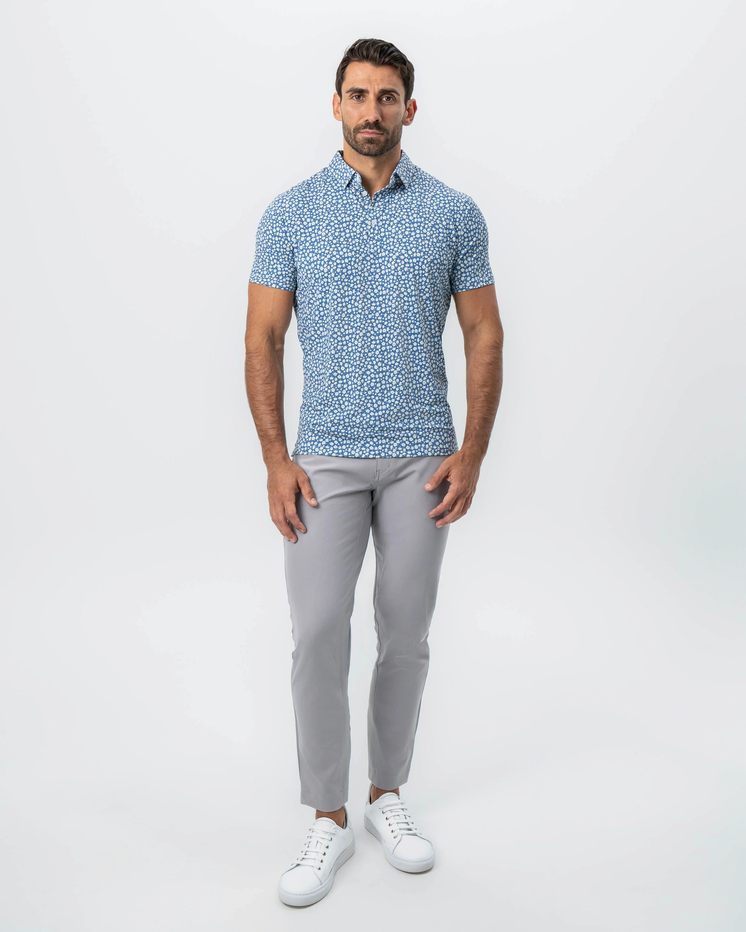 "The Ken" White & Light Blue Floral Print Polo - Image 4