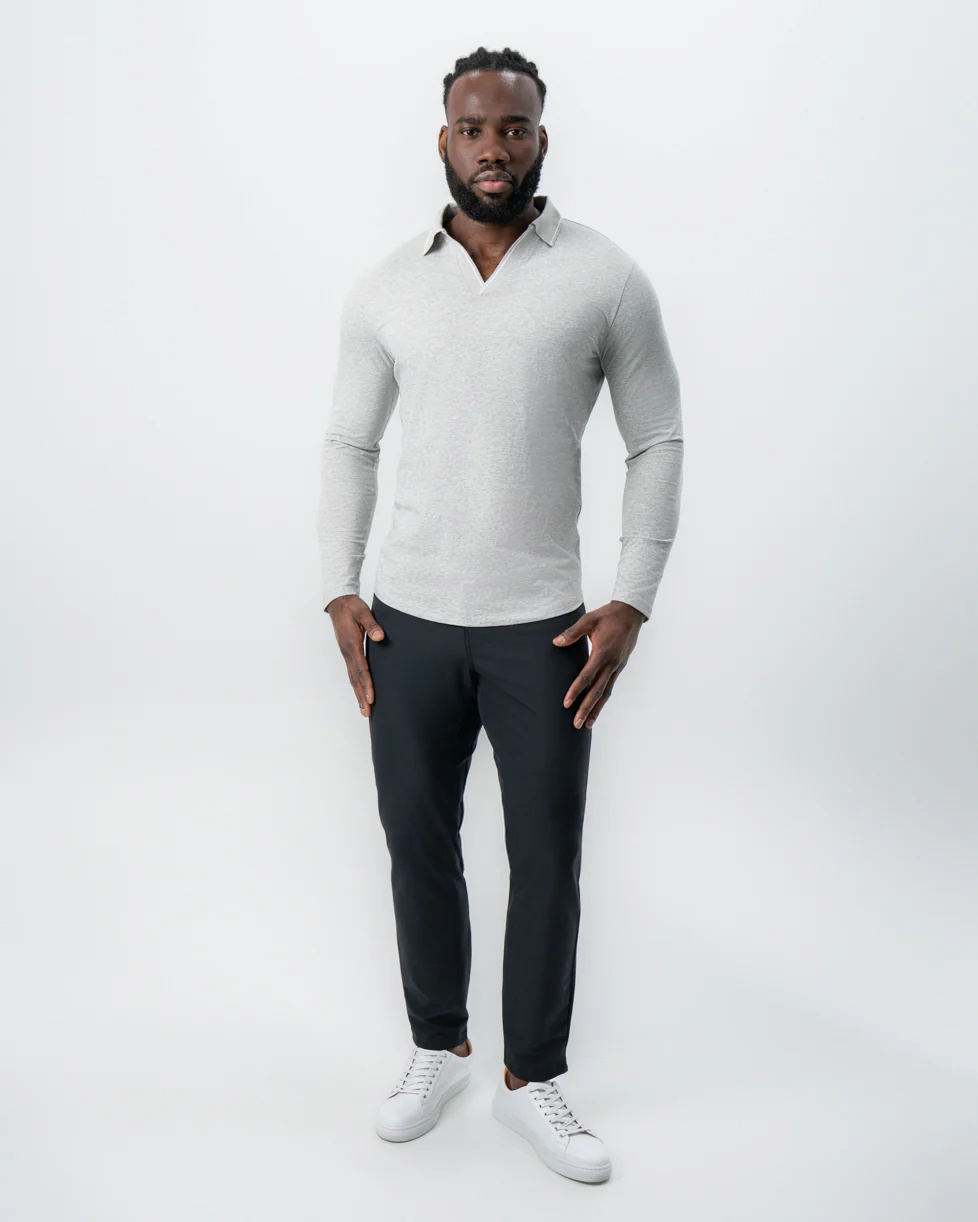 Tipped Long Sleeve Polo - Grey with White - Image 4